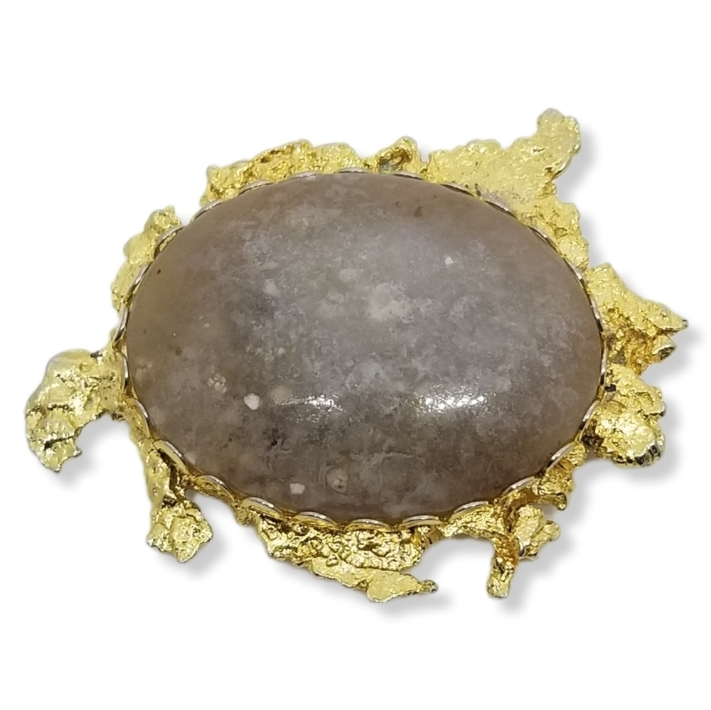 Vintage Goldplated Nugget Style  Large Polished Agate Stone Statement Brooch